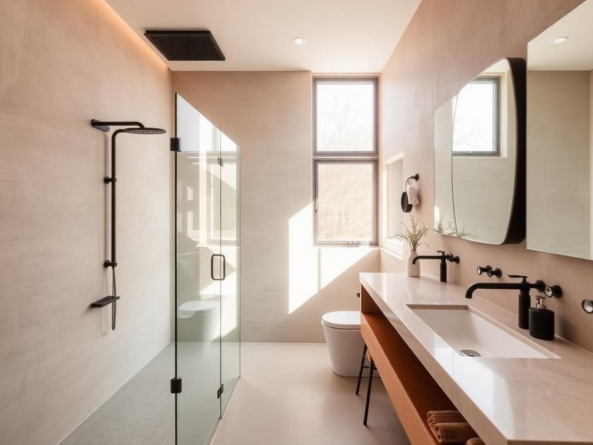 Contemporary bathroom with matte black fittings and walk-in shower