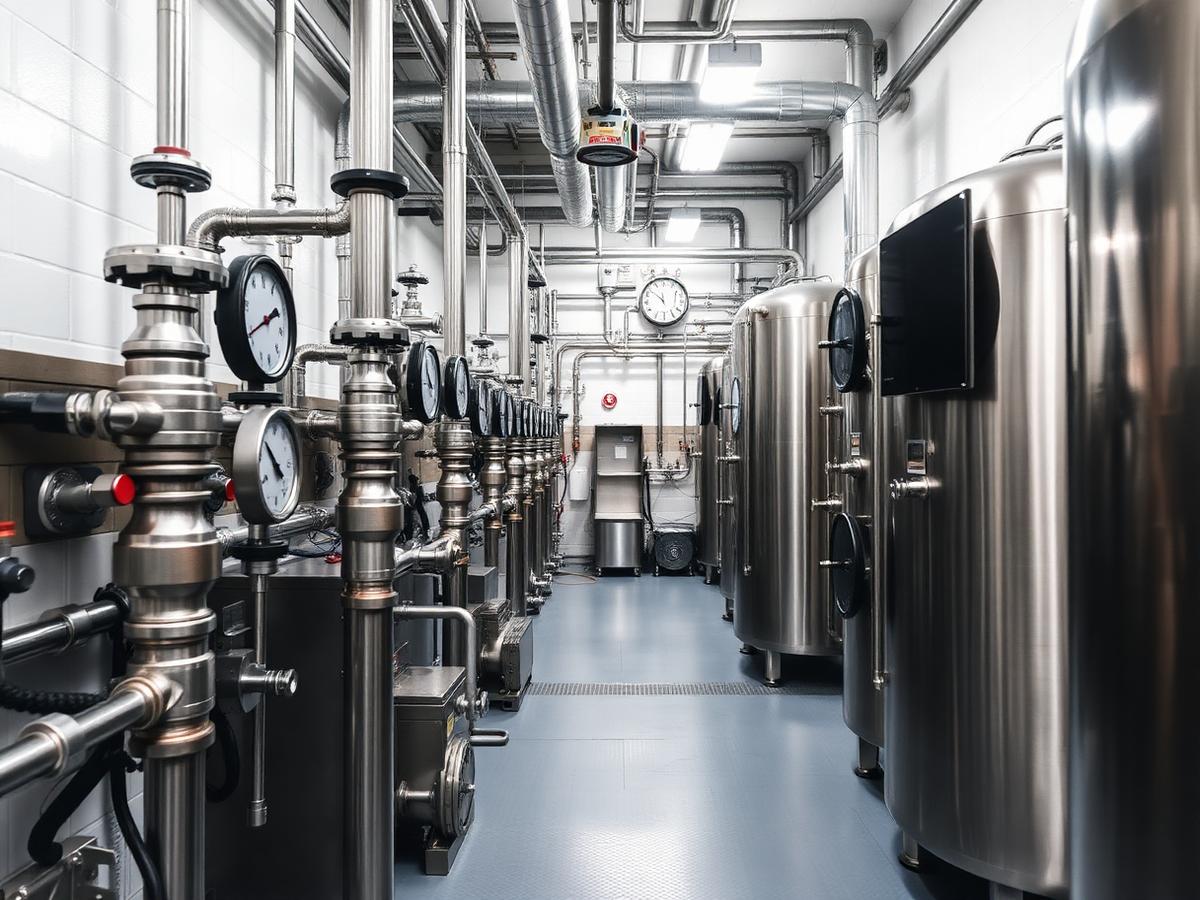 Commercial plant room with pumps, valves and insulated pipework