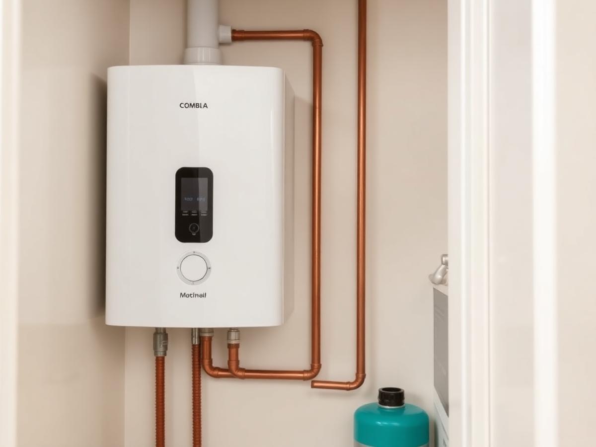 Newly installed wall-mounted water heater with tidy pipework