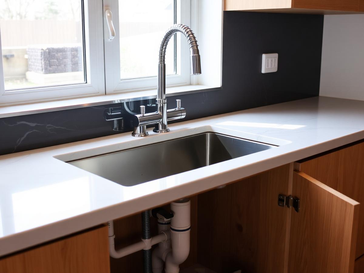 Modern kitchen sink with new chrome mixer tap and tidy pipework below