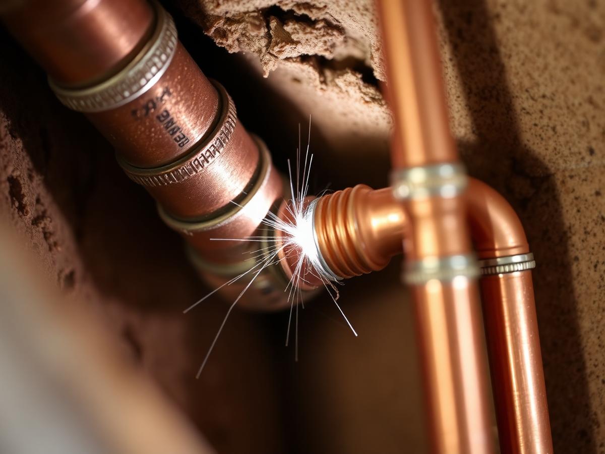 Freshly soldered copper pipe repair inside an opened ceiling void