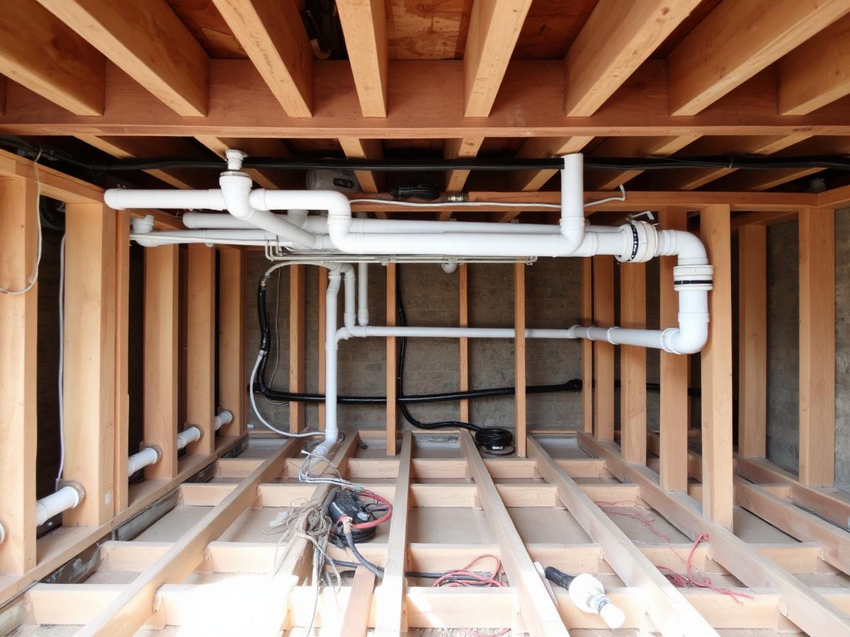 Whole-house repipe in progress with new pipe runs between joists